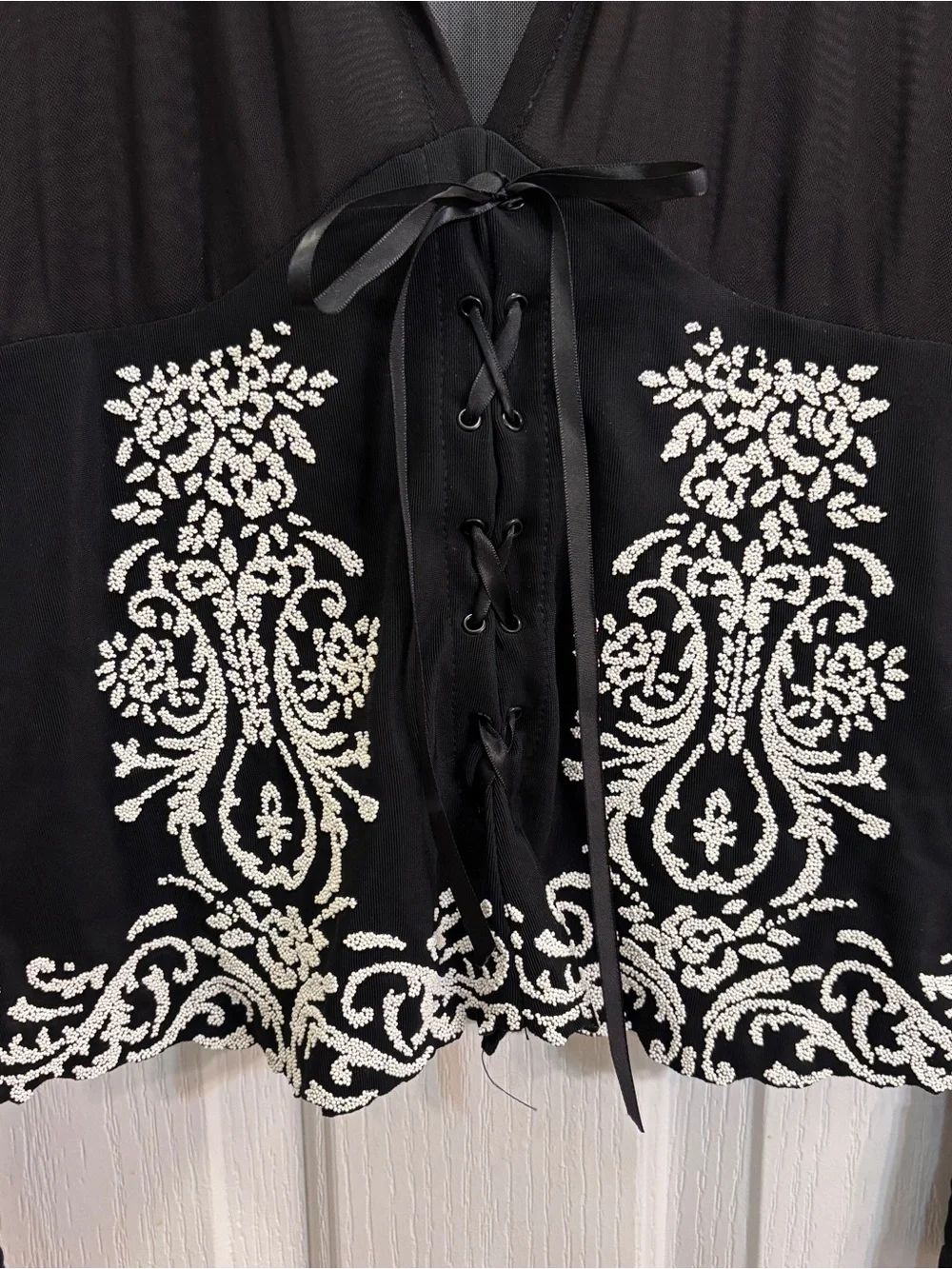 Joseph Ribkoff Black Sheer Mesh Blouse with Beading Corset Detail - Picture 3 of 6